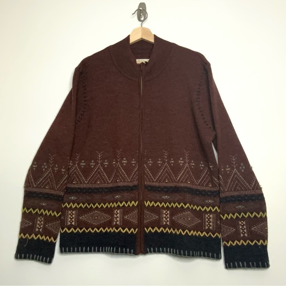 Or is Full Zip 100% Wool Aztec Embellished Sweater. Size Large. - Picture 1 of 5